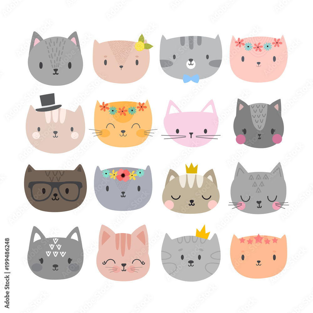 Set of cute fashion cats. Funny doodle animals. Kittens in cartoon style