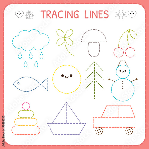 Kindergartens educational game for kids. Preschool tracing worksheet for practicing motor skills. Dashed lines. Working pages for children