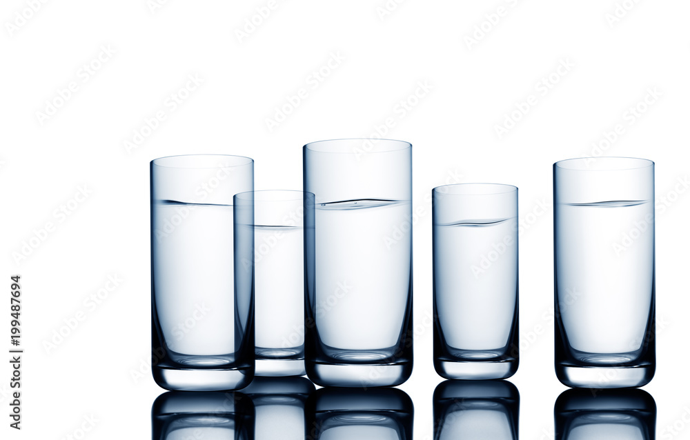 Conceptual illustration of water wave seen through water glasses on white Conceptual illustration of water wave seen through water glasses on white
