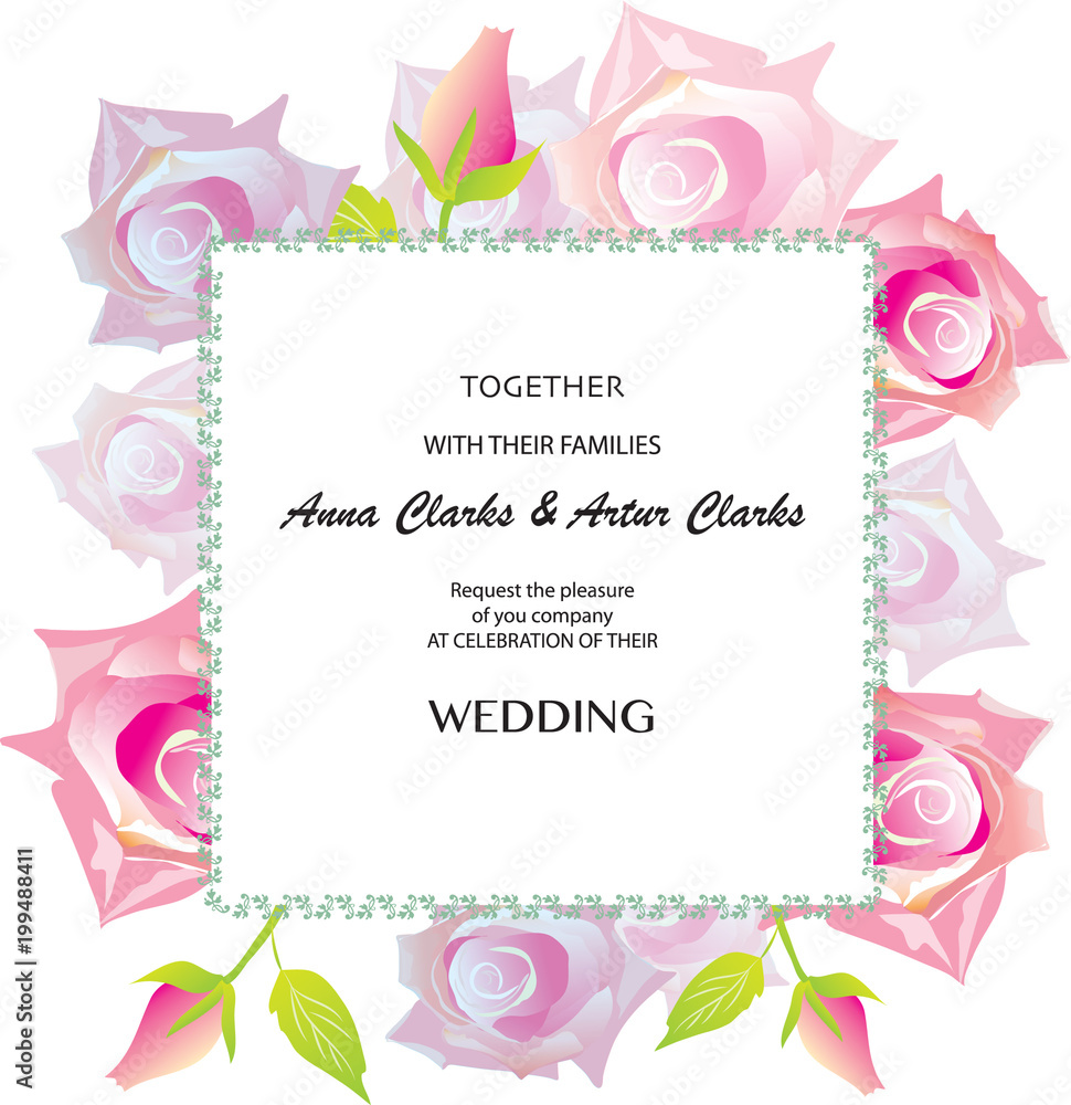 greeting card - wedding invitation with frame and roses