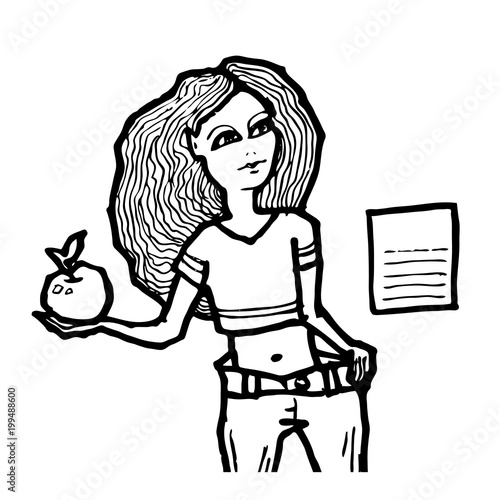Hand drawn girl after the diet loosing weight with apple.
