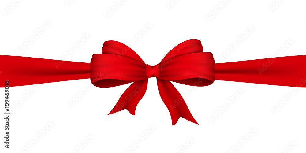 Vector realistic bow in red. A bow made of satin ribbon. Isolated on white. For the design of drawings with gifts, gift wrapping, postcards and other printed products. Vector EPS 10. Vector realistic bow in red. A bow made of satin ribbon. Isolated on white. For the design of drawings with gifts, gift wrapping, postcards and other printed products. Vector EPS 10.