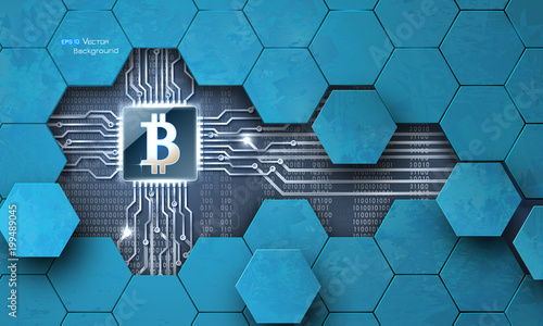 Microchip with bitcoin simbol on futuristic background