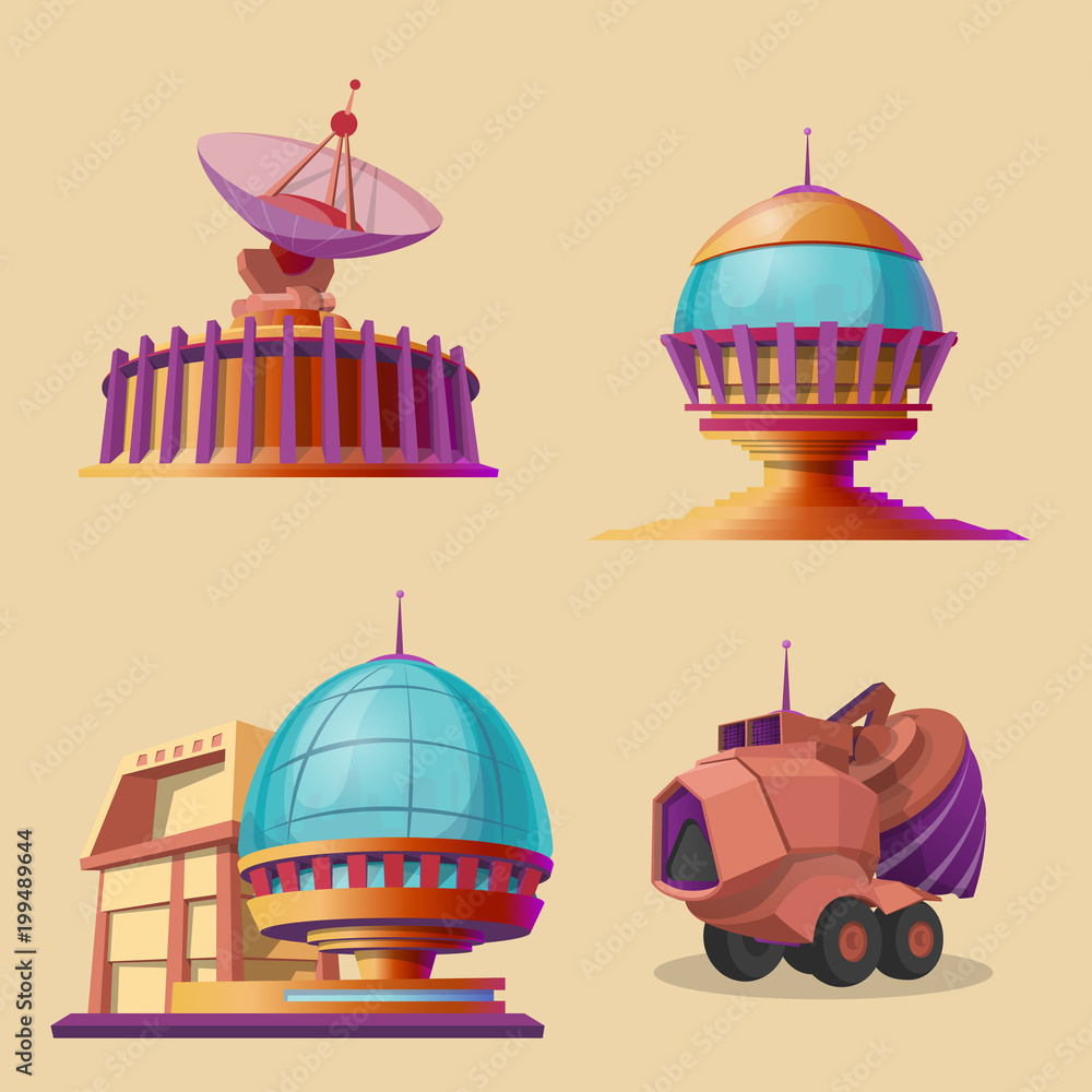 Vector cartoon set with different objects for space exploration, colonization and terraforming planet, research station, drilling rig, observatory, satellite dish. Futuristic concept illustration Vector cartoon set with different objects for space exploration, colonization and terraforming planet, research station, drilling rig, observatory, satellite dish. Futuristic concept illustration