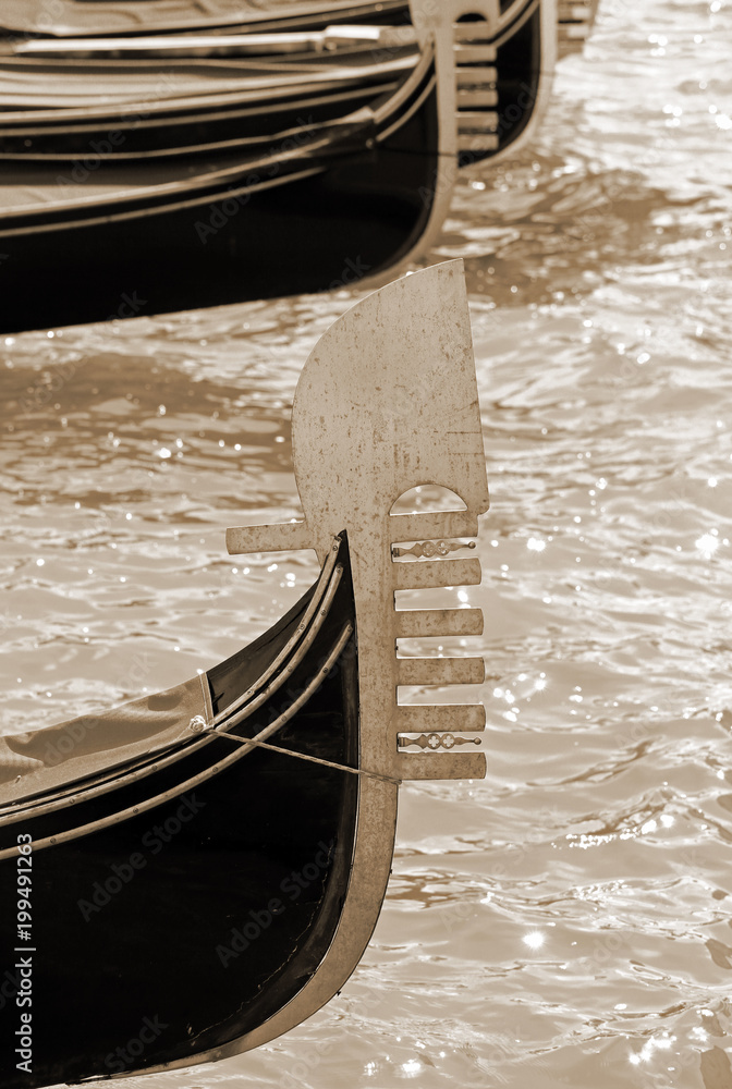 bow of Venice gondola with sepia effect