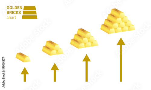 Golden bricks growing chart vector with arrows on white background.