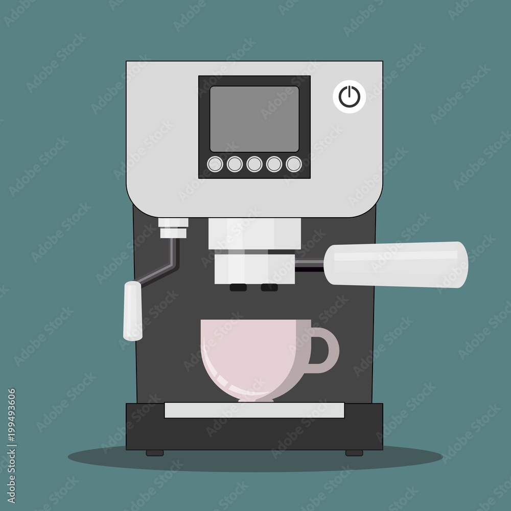 Office coffee machine vector illustration in flat style. Coffee maker with plastic cup. Home coffee machine isolated on colored background. Office coffee machine vector illustration in flat style. Coffee maker with plastic cup. Home coffee machine isolated on colored background.