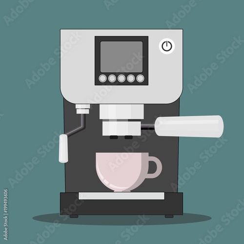 Office coffee machine vector illustration in flat style. Coffee maker with plastic cup. Home coffee machine isolated on colored background.
