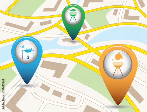 Set of tourism service map pointers on map