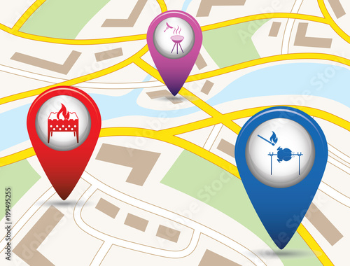 Set of tourism service map pointers on map