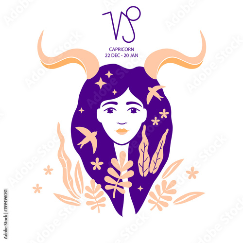 Capricorn of zodiac, horoscope concept, vector art, illustration. Beautiful girl silhouette. Astrological sign as a beautiful women. Future telling, horoscope, alchemy, spirituality, occultism