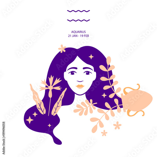 Water carrier to Aquarius of zodiac, horoscope concept, vector art, illustration. Beautiful girl silhouette. Astrological sign as a beautiful women. Future telling, horoscope, alchemy, spirituality