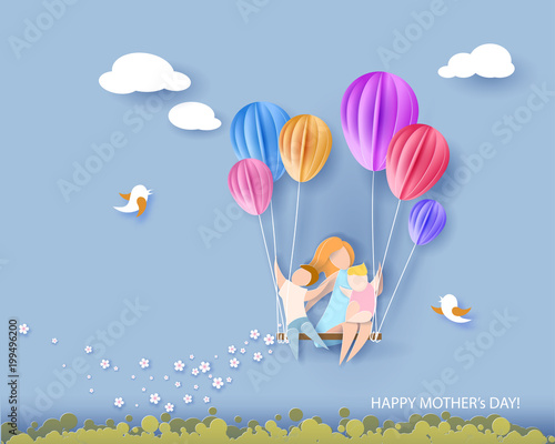 Beautiful woman with her children. Happy mothers day card. Paper cut style. Vector illustration
