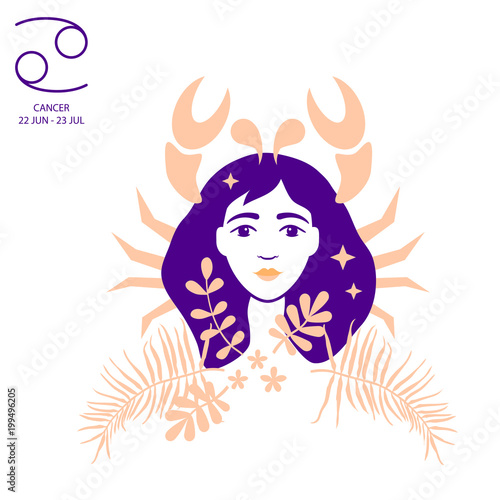 Crab to Cancer of zodiac and horoscope concept, vector art, illustration. Beautiful girl silhouette. Astrological sign as a beautiful women. Future telling, horoscope, alchemy, spirituality, occultism