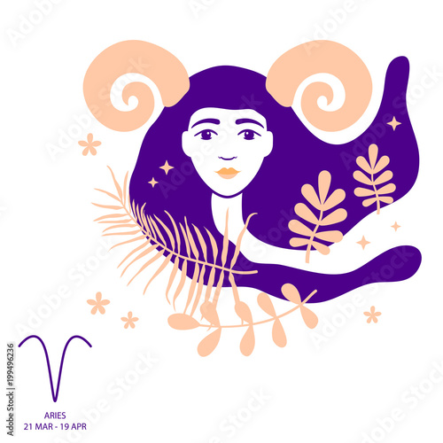 Aries and Ram of zodiac and horoscope concept, vector art, illustration. Beautiful girl silhouette. Astrological sign as a beautiful women. Future telling, horoscope, alchemy, spirituality, occultism