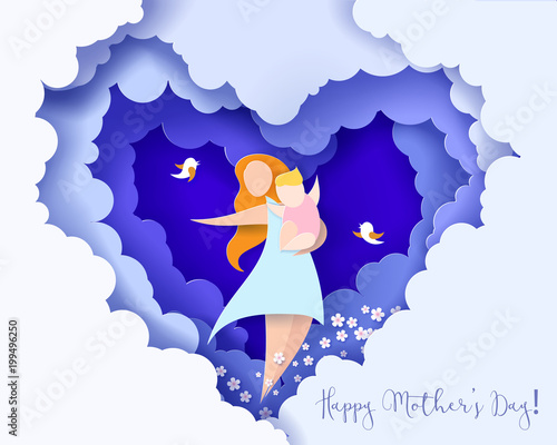 Beautiful woman with her baby. Happy mothers day card. Paper cut style. Vector illustration