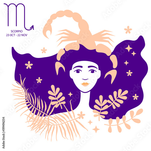Scorpion to Scorpio of zodiac and horoscope concept, vector art and illustration. Beautiful girl silhouette. Astrological sign as a beautiful women. Future telling, horoscope, alchemy