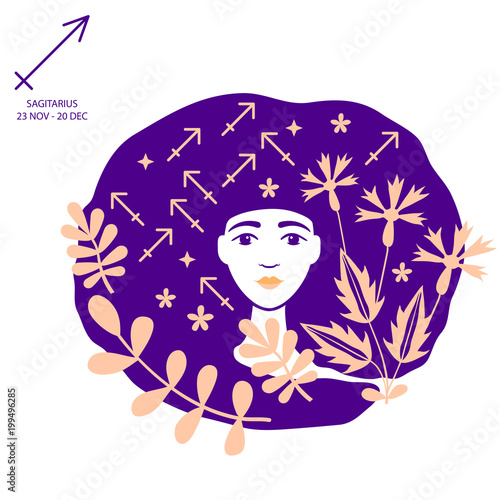 Sagittarius of zodiac and horoscope concept, vector art and illustration. Girl. Beautiful girl silhouette. Astrological sign as a beautiful women. Future telling, horoscope, alchemy, spirituality