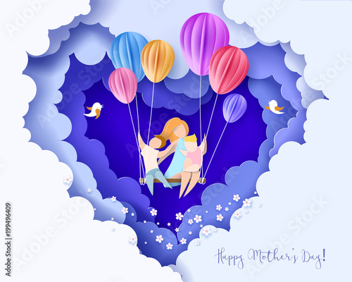 Beautiful woman with her children. Happy mothers day card. Paper cut style. Vector illustration