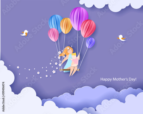 Beautiful woman with her baby. Happy mothers day card. Paper cut style. Vector illustration