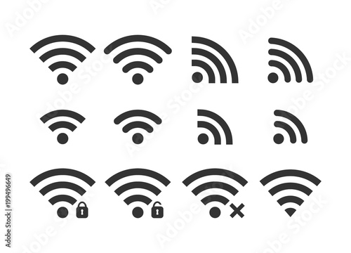 Wireless signal web icon set. Wi fi icons. Secured, unsecured, no connection, password protected icons.