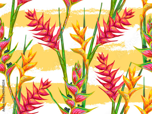 Summer jungle pattern with tropical flowers heliconia or lobster-claw vector background. Perfect for wallpapers, pattern fills, web page backgrounds, surface textures, textile