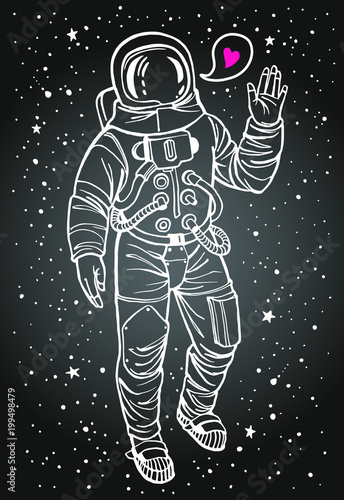 Astronaut, cosmonaut, spaceman in spacesuit with raised hand in salute. Speech bubble with tiny heart. Ink drawn cosmic, space, Valentine day illustration. Stars, starry night sky background.