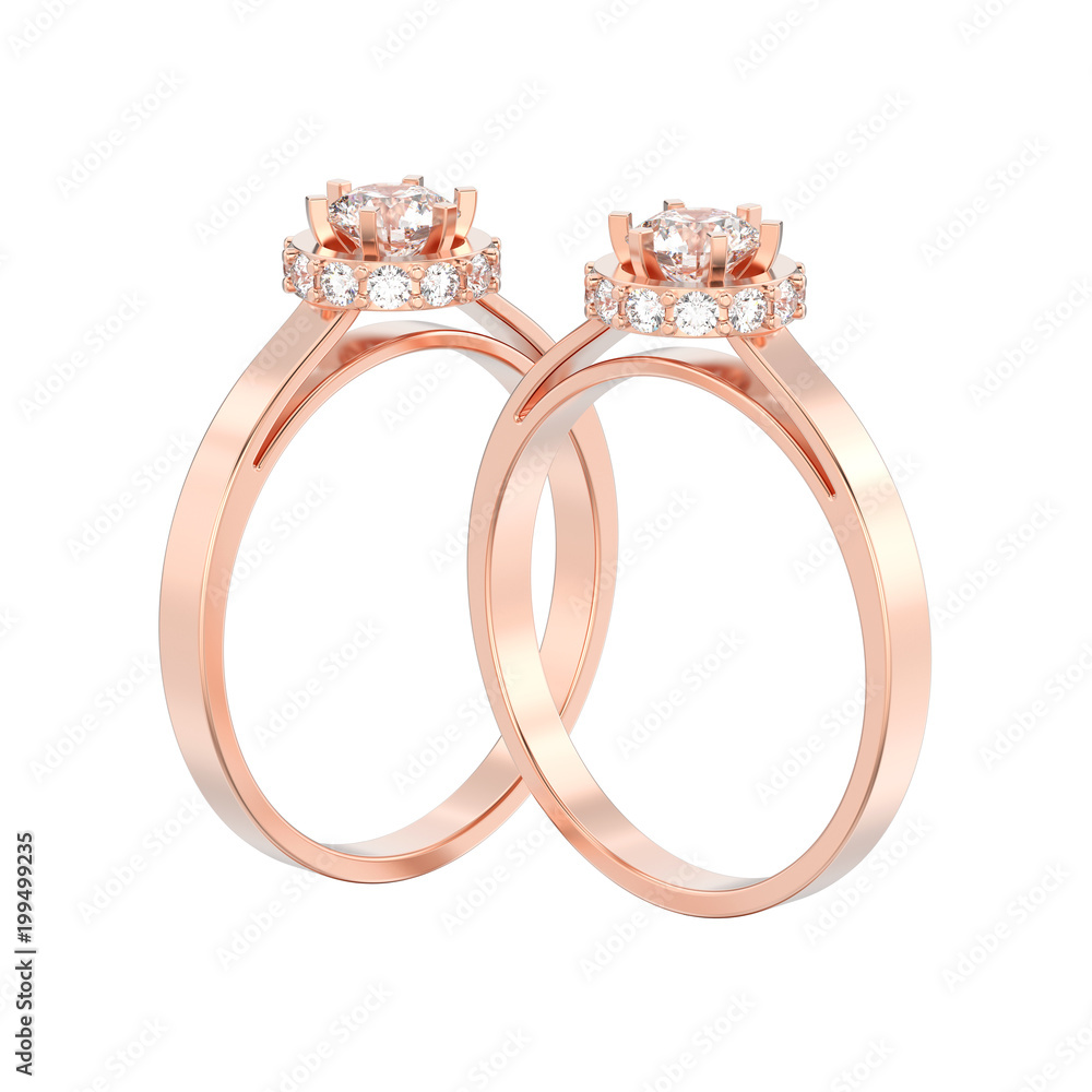 3D illustration two isolated rose gold halo bezel pave diamond rings 3D illustration two isolated rose gold halo bezel pave diamond rings