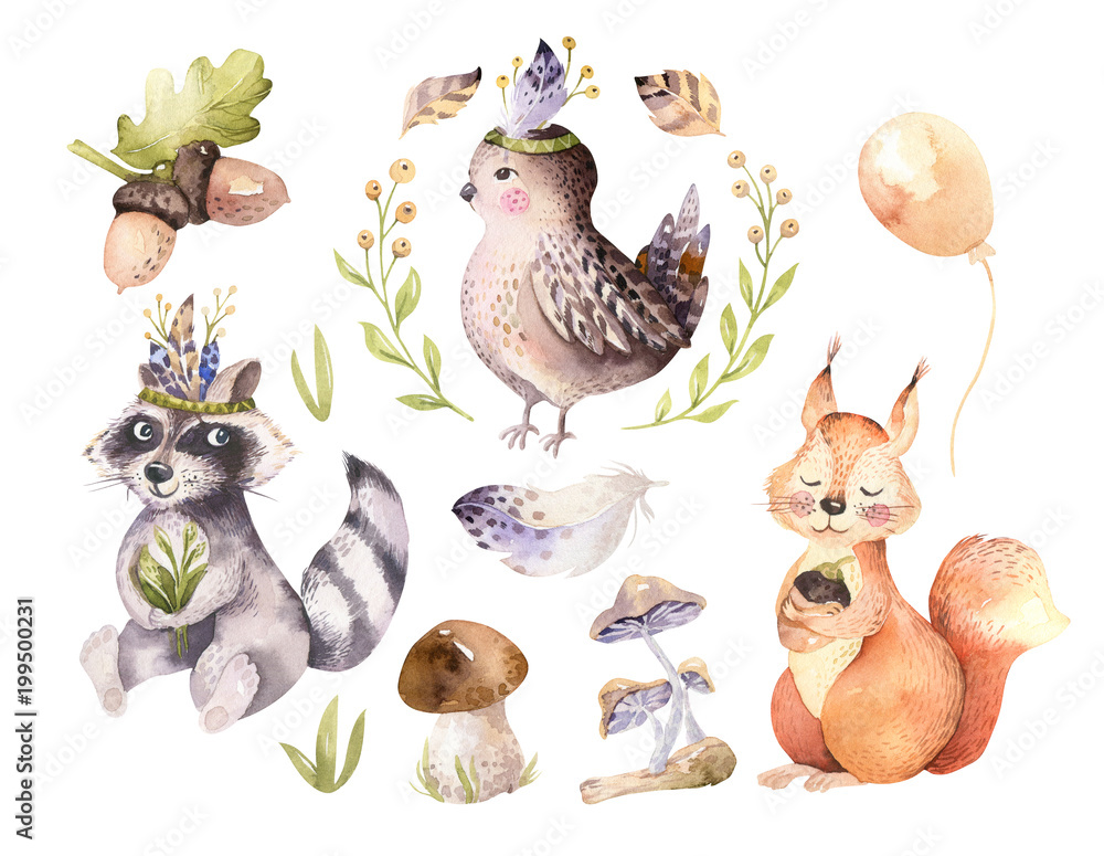 Naklejka premium Cute watercolor bohemian baby cartoon hedgehog, squirrel and moose animal for nursary, woodland isolated forest illustration for children. Bunnies animals.
