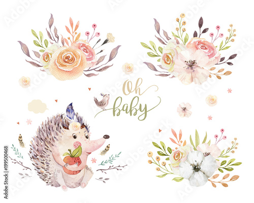 Cute watercolor bohemian baby hedgehog animal poster for nursary with bouquets  alphabet woodland isolated forest illustration for children. Baby shower animals invitation