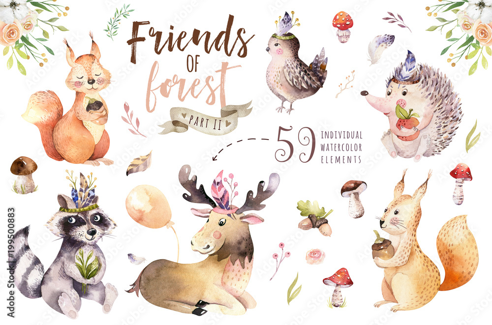 Cute watercolor bohemian baby cartoon hedgehog, squirrel and moose animal for nursary, woodland isolated forest illustration for children. Bunnies animals.