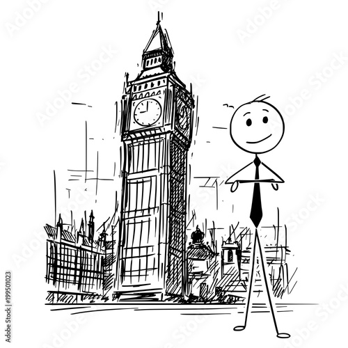 Cartoon stick man drawing conceptual illustration of businessman standing in front of Westminster Palace, Big Ben Elizabeth clock tower in London, England. Concept of doing business in United Kingdom.