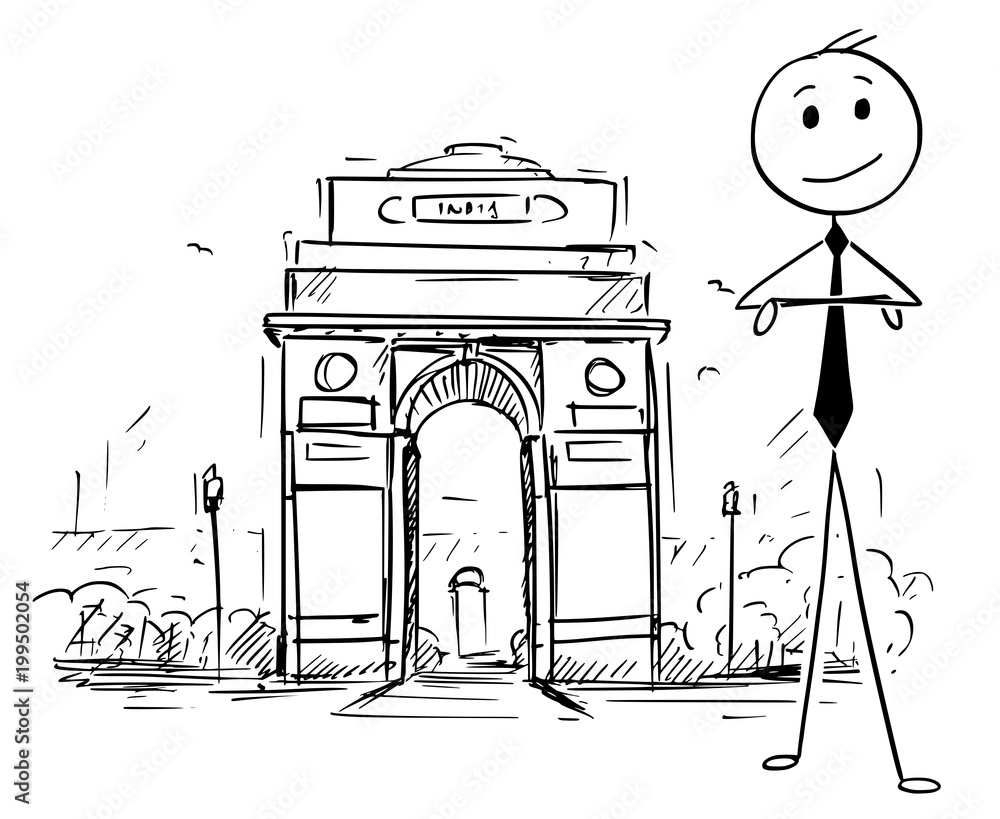 Cartoon stick man drawing conceptual illustration of businessman standing  in front of India Gate, New Delhi. Concept of doing business in India.  Stock Vector | Adobe Stock