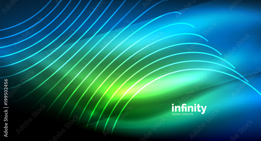 Abstract wave on dark background, shiny glowing neon digital background template