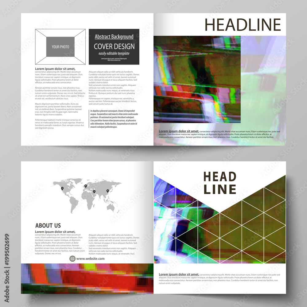 Business templates for square design bi fold brochure, flyer, report. Leaflet cover, vector layout. Glitched background made of colorful pixel mosaic. Digital decay, signal error, television fail.