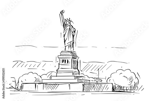 Cartoon sketch drawing illustration of Statue of Liberty in New York, United States.
