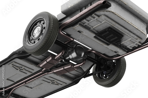 Chassis frame car with wheel, close, bottom view. 3D rendering