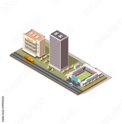 city isometrics, vector illustration tennis court, low poly, 3d object. The concept of leisure and travel, office building, traffic flow, a skyscraper with trees