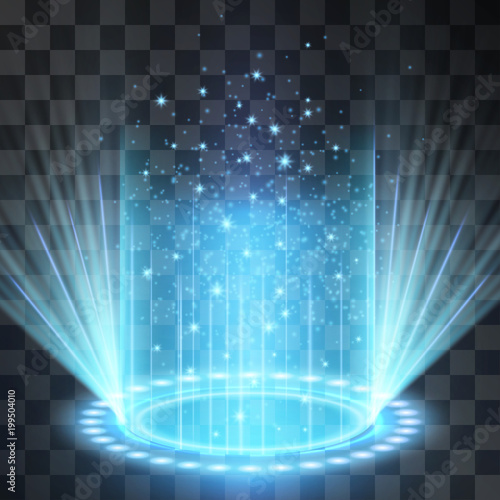 Futuristic blue neon light portal, crown shape laser cylinder light with glowing sparkles on transparent background. Magical glittering stardust illumination. Blinking energy stream. Hologram station.