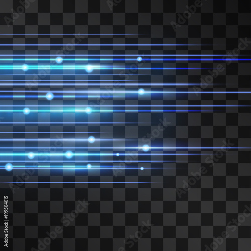 Laser blue glow vector illumination. Motion effect light blinking on transparent background. Light energy stream for modern hi tech. Power neon flicking flow of high speed particles, space shine