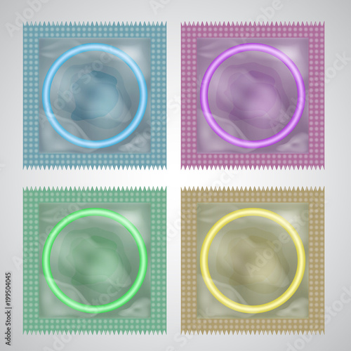 Realistic condoms set in plastic transparent packages isolated on white. Contraception and protection against infections symbol. Latex accessoire, birth control product.