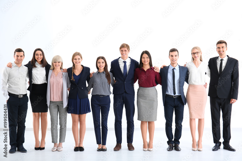 People standing together on light background. Unity concept