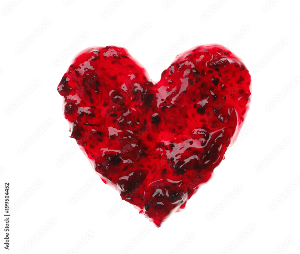 Heart shape made of sweet berry jam on white background