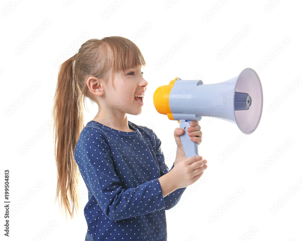 Cute little girl with megaphone on white background Cute little girl with megaphone on white background