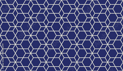 Seamless porcelain indigo blue and white isometric stellar hexagonal outline pattern vector