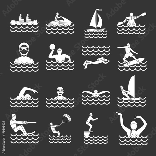 Water sport icons set grey vector