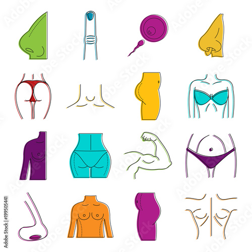 Human body icon set, color outline style