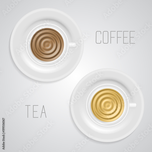Coffee and tea beverages in ceramic cups vector illustration isolated on white. Top view. Liquid undulations for realistic effect. Hot fresh drinks for cafe advertising.