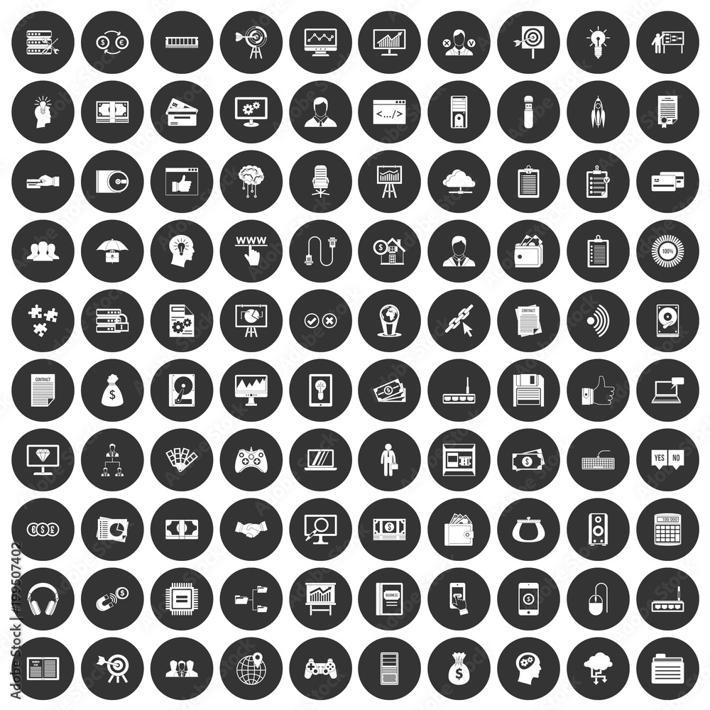 100 IT business icons set black circle 100 IT business icons set black circle