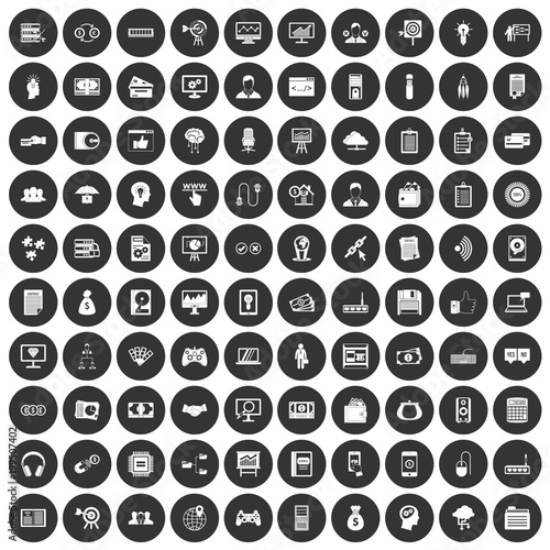 100 IT business icons set black circle